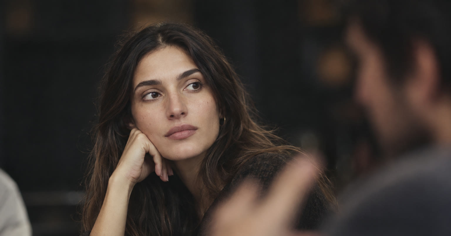 A woman listening quietly across a table, her hand resting against her cheek